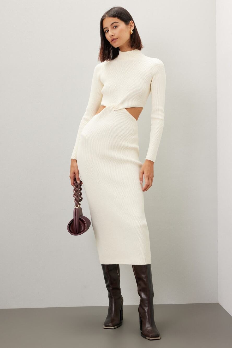 RONNY KOBO COLLECTIVE Off-White Knit Mock Neck Twist Cutout Sweater Dress M